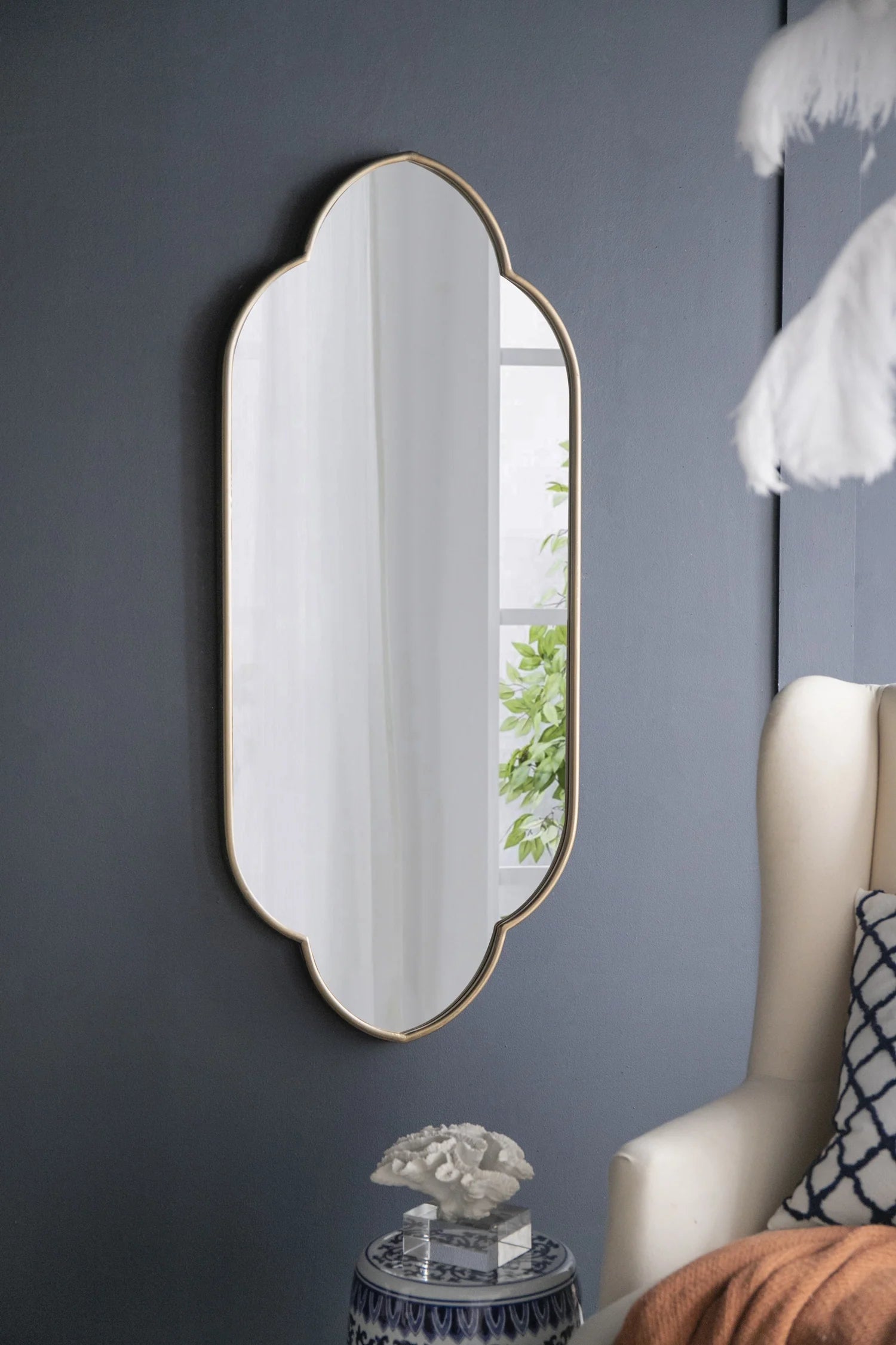 Champagne Gold Decorative Wall Mirror, 22.4” x 48” Arched Notched Wall Mirror with Metal Frame for Entryway, Living Room, Bedroom, or Hallway