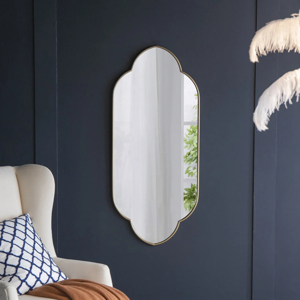 Champagne Gold Decorative Wall Mirror, 22.4” x 48” Arched Notched Wall Mirror with Metal Frame for Entryway, Living Room, Bedroom, or Hallway