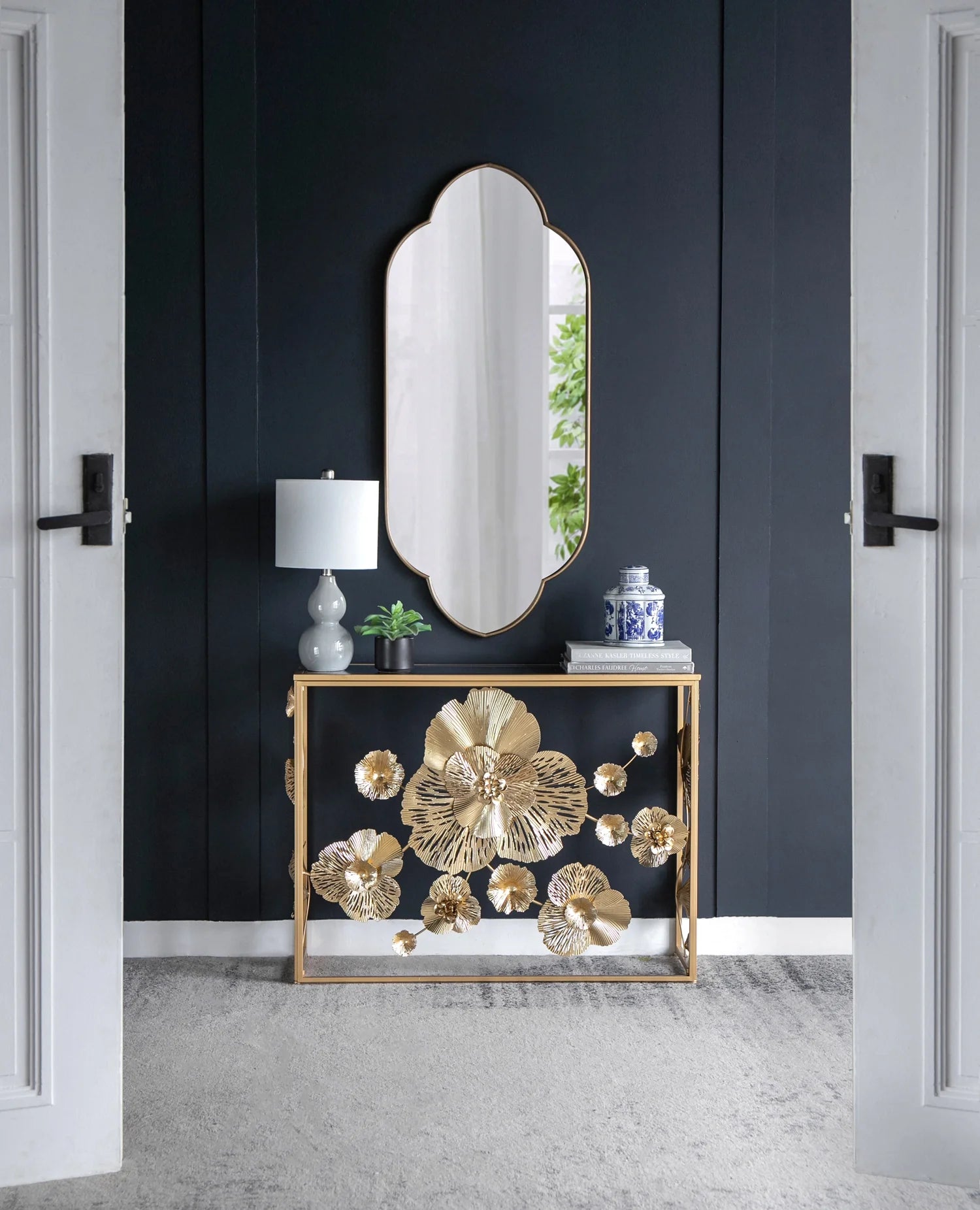Champagne Gold Decorative Wall Mirror, 22.4” x 48” Arched Notched Wall Mirror with Metal Frame for Entryway, Living Room, Bedroom, or Hallway