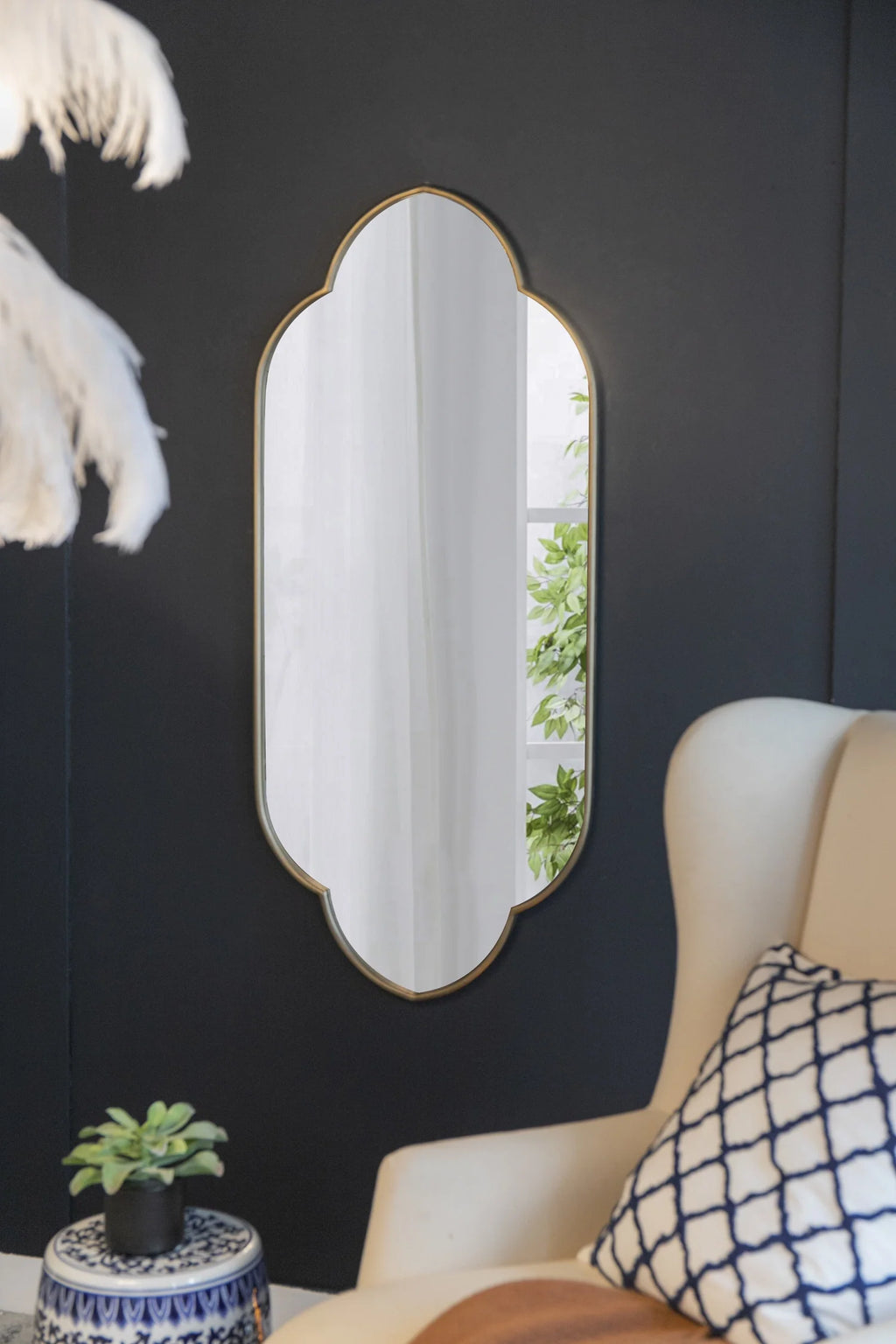 Champagne Gold Decorative Wall Mirror, 22.4” x 48” Arched Notched Wall Mirror with Metal Frame for Entryway, Living Room, Bedroom, or Hallway