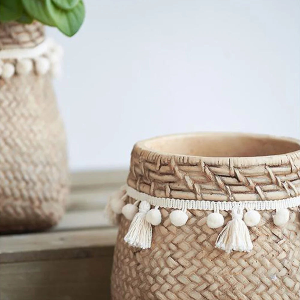 Set of 2 Brown Cement Planters with Woven Basket Design and Cream Tassel Accents – 6.5"x6.5"x6" Decorative Flower Pots