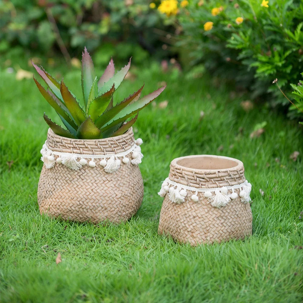 Set of 2 Brown Cement Planters with Woven Basket Design and Cream Tassel Accents – 6.5"x6.5"x6" Decorative Flower Pots