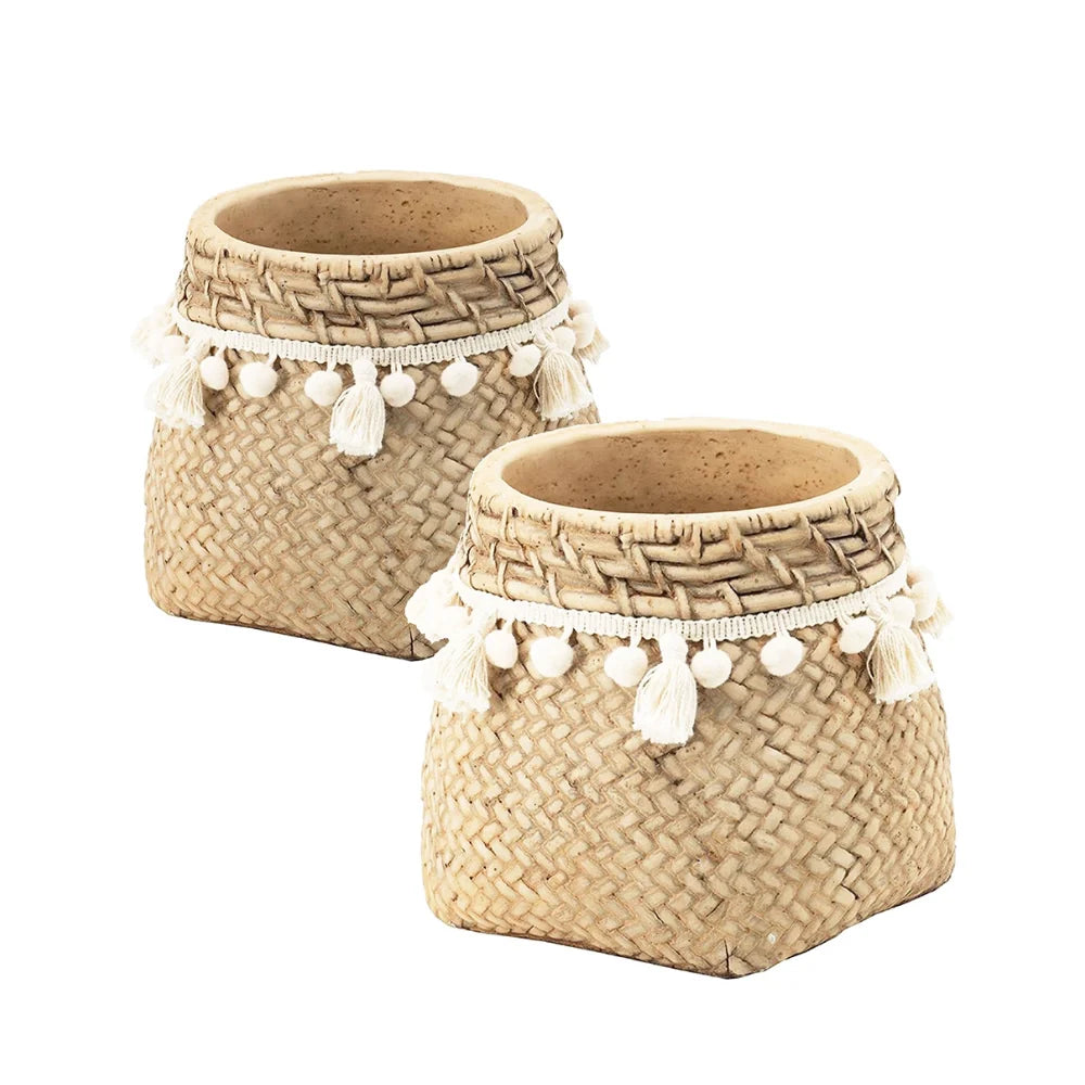 Set of 2 Brown Cement Planters with Woven Basket Design and Cream Tassel Accents – 6.5"x6.5"x6" Decorative Flower Pots