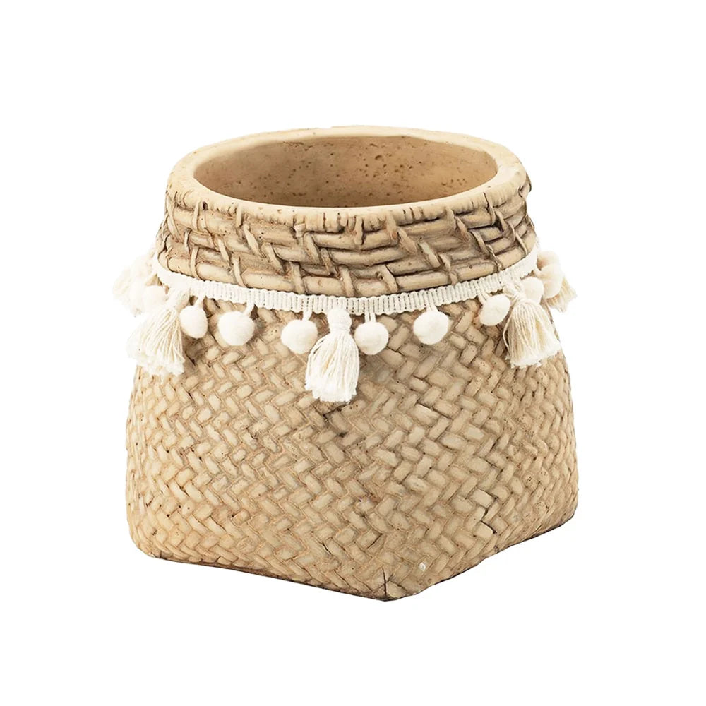 Set of 2 Brown Cement Planters with Woven Basket Design and Cream Tassel Accents – 6.5"x6.5"x6" Decorative Flower Pots