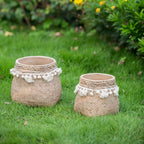 Set of 2 Brown Cement Planters with Woven Basket Design and Cream Tassel Accents – 6.5"x6.5"x6" Decorative Flower Pots