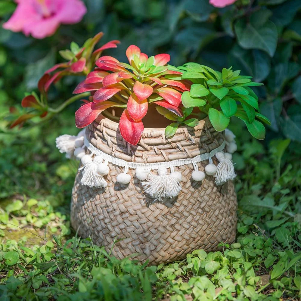 Set of 2 Brown Cement Planters with Woven Basket Design and Cream Tassel Accents – 6.5"x6.5"x6" Decorative Flower Pots
